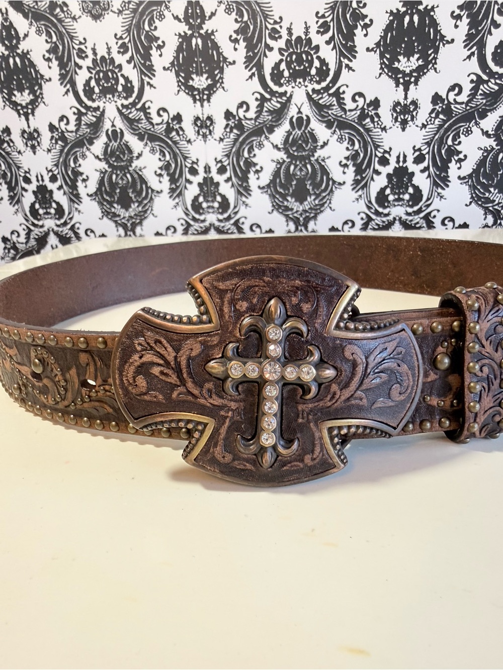 Tony Lama Studded Tooled Brown Leather Belt Buckle Rhinestone Cross Womens 32